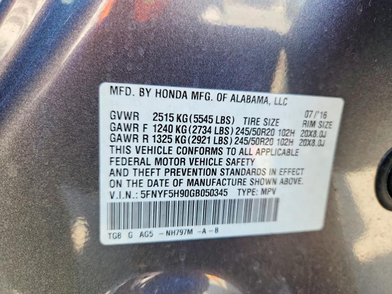 Продаж на аукціоні авто 2016 Honda Pilot, vin: 5FNYF5H90GB050345, номер лоту: 58056756