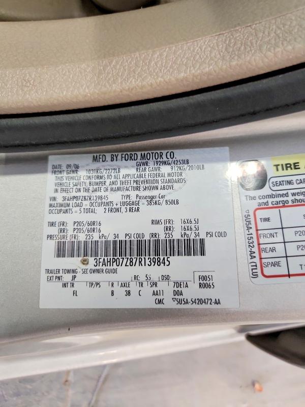 2007 Ford Fusion მანქანა იყიდება აუქციონზე, vin: 3FAHP07Z87R139845, აუქციონის ნომერი: 57479656