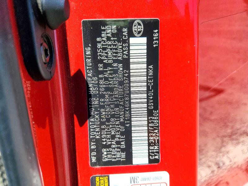 2007 Toyota Camry მანქანა იყიდება აუქციონზე, vin: 4T1BK46K87U009742, აუქციონის ნომერი: 57813586