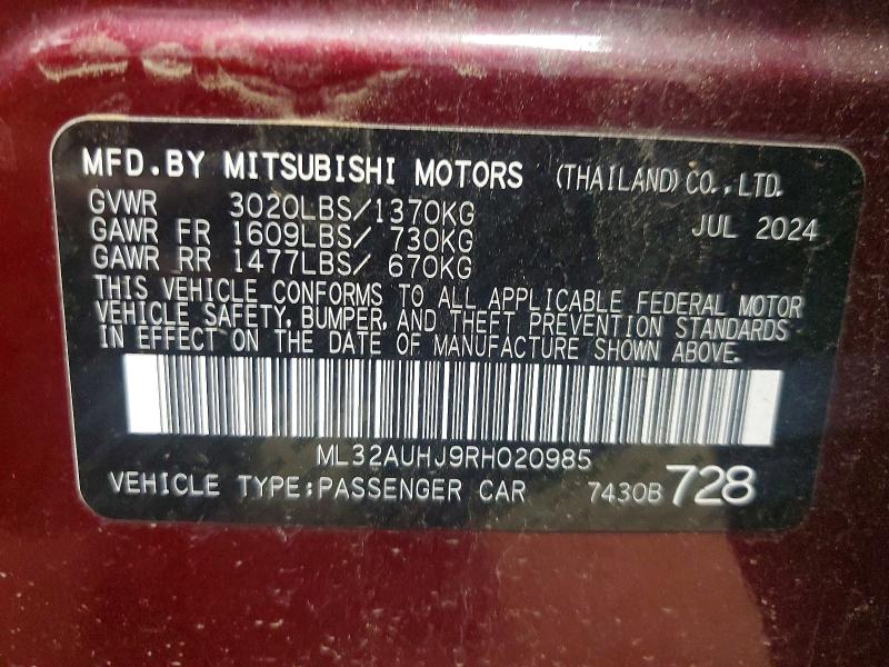 Aukcja sprzedaży 2024 Mitsubishi Mirage, vin: ML32AUHJ9RH020985, numer aukcji: 58994306