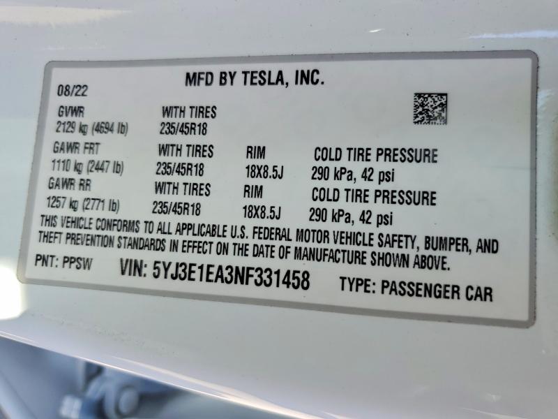Aukcja sprzedaży 2022 Tesla Model 3, vin: 5YJ3E1EA3NF331458, numer aukcji: 57260496