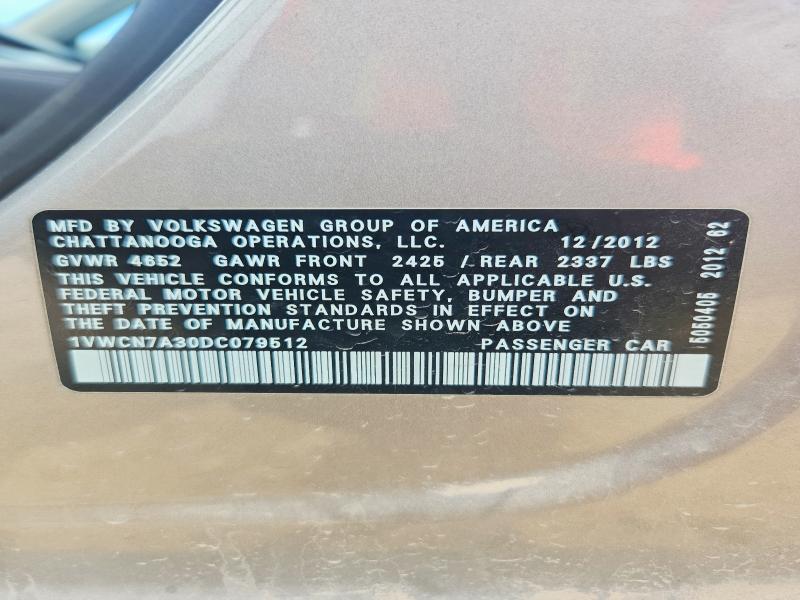 2013 Volkswagen Passat მანქანა იყიდება აუქციონზე, vin: 1VWCN7A30DC079512, აუქციონის ნომერი: 58447346