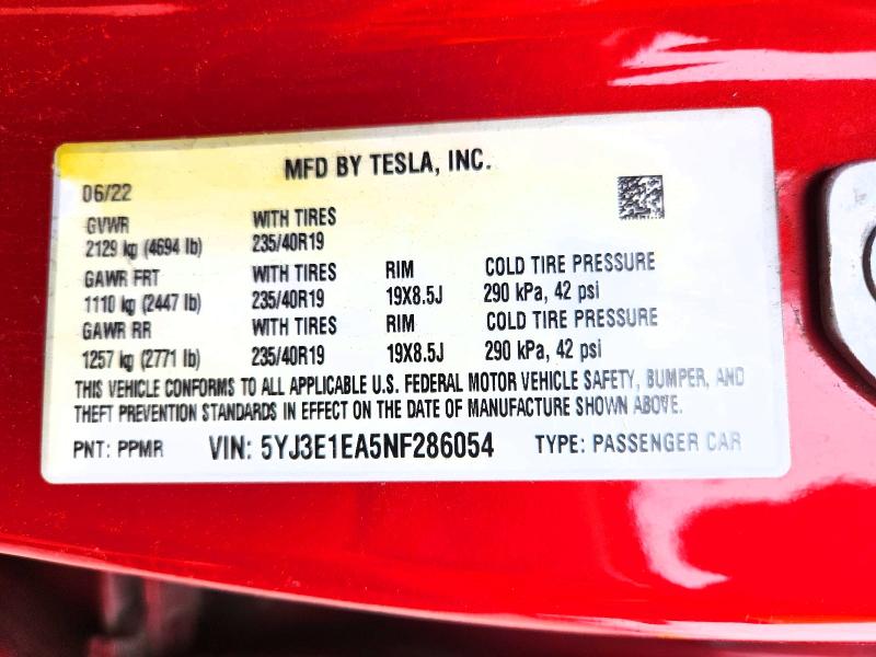 Продаж на аукціоні авто 2022 Tesla Model 3, vin: 5YJ3E1EA5NF286054, номер лоту: 58127216