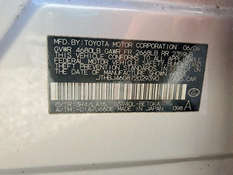 Продажа на аукционе авто 2007 Lexus Es, vin: JTHBJ46G872029390, номер лота: 57228166