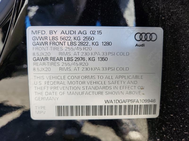 2015 Audi Q5 მანქანა იყიდება აუქციონზე, vin: WA1DGAFP5FA109946, აუქციონის ნომერი: 56543236