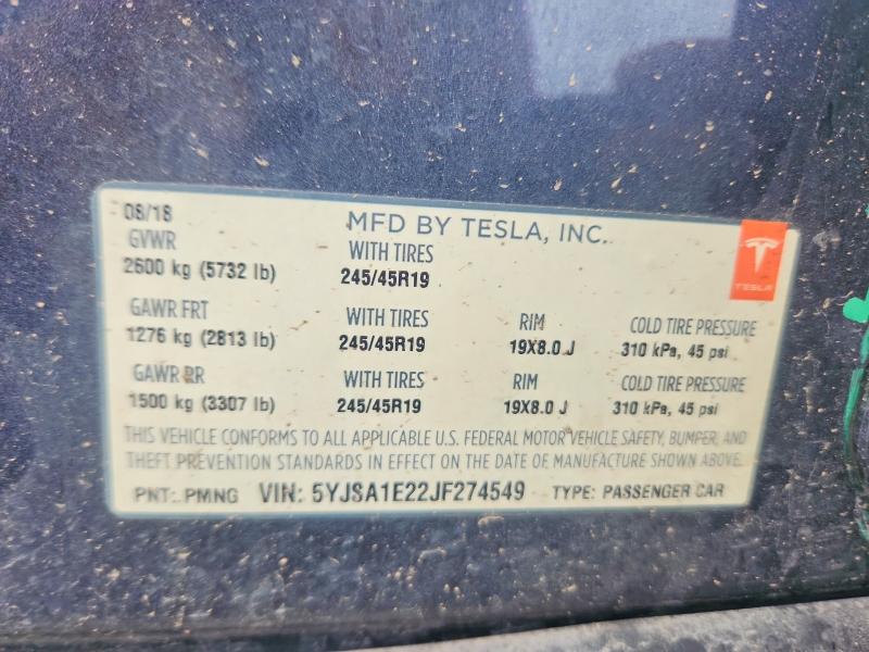 Продаж на аукціоні авто 2018 Tesla Model S, vin: 5YJSA1E22JF274549, номер лоту: 56022466