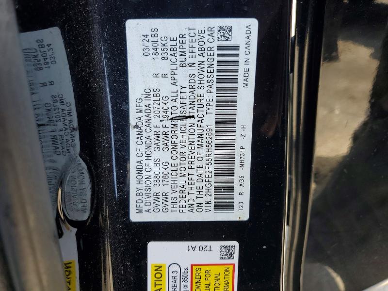 55448226 :رقم المزاد ، 2HGFE2F55RH562691 vin ، 2024 Honda Civic مزاد بيع