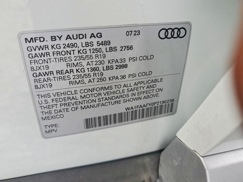 2023 Audi Q5 მანქანა იყიდება აუქციონზე, vin: WA1FAAFY0P2190238, აუქციონის ნომერი: 55429066