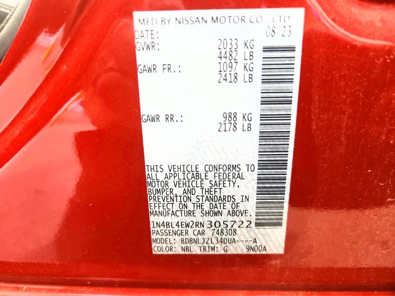 2024 Nissan Altima მანქანა იყიდება აუქციონზე, vin: 1N4BL4EW2RN305722, აუქციონის ნომერი: 57395806
