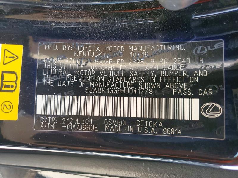 59182476 :رقم المزاد ، 58ABK1GG9HU041778 vin ، 2017 Lexus Es مزاد بيع