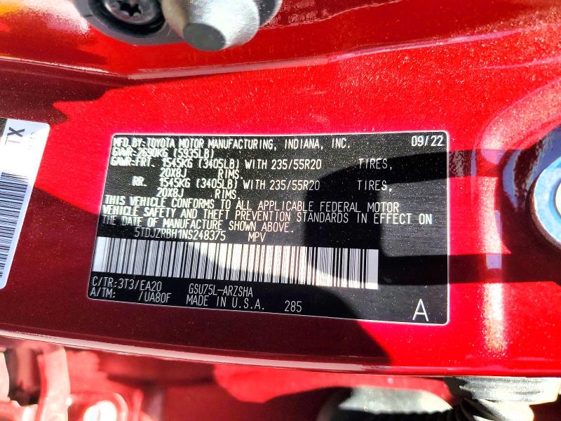 Aukcja sprzedaży 2022 Toyota Highlander, vin: 5TDJZRBH1NS248375, numer aukcji: 85630255