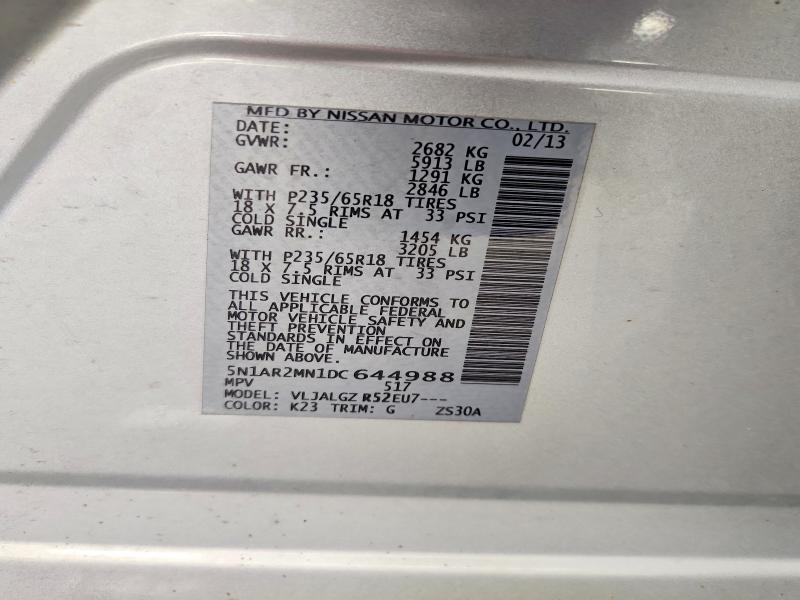 2013 Nissan Pathfinder მანქანა იყიდება აუქციონზე, vin: 5N1AR2MN1DC644988, აუქციონის ნომერი: 56242456
