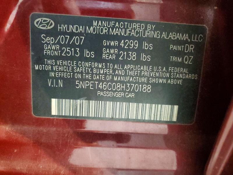 Aukcja sprzedaży 2008 Hyundai Sonata, vin: 5NPET46C08H370188, numer aukcji: 57820516