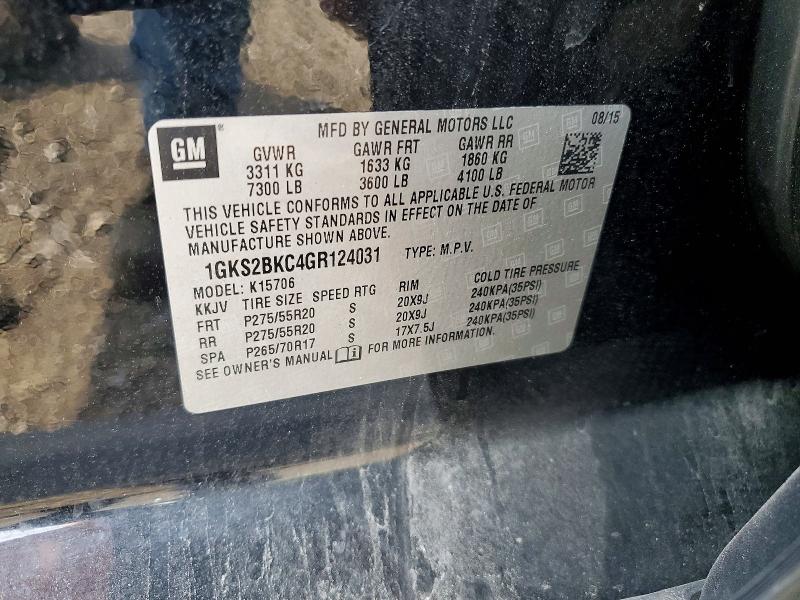 55988476 :رقم المزاد ، 1GKS2BKC4GR124031 vin ، 2016 Gmc Yukon مزاد بيع