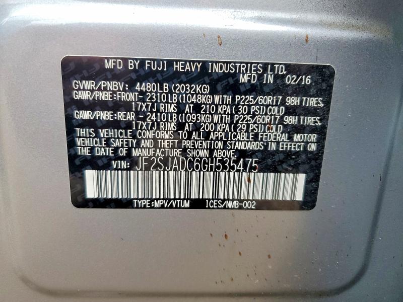 2016 Subaru Forester მანქანა იყიდება აუქციონზე, vin: JF2SJADC6GH535475, აუქციონის ნომერი: 56259156