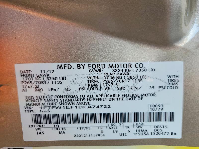 Продажа на аукционе авто 2013 Ford F150, vin: 1FTFW1EF1DFA74722, номер лота: 57483726