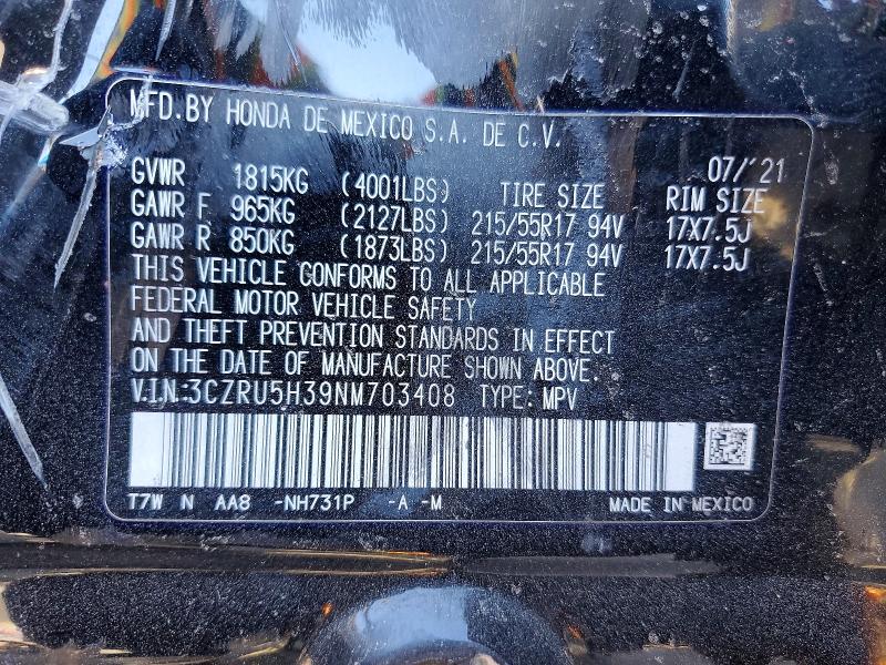 56048086 :رقم المزاد ، 3CZRU5H39NM703408 vin ، 2022 Honda Hr-v مزاد بيع