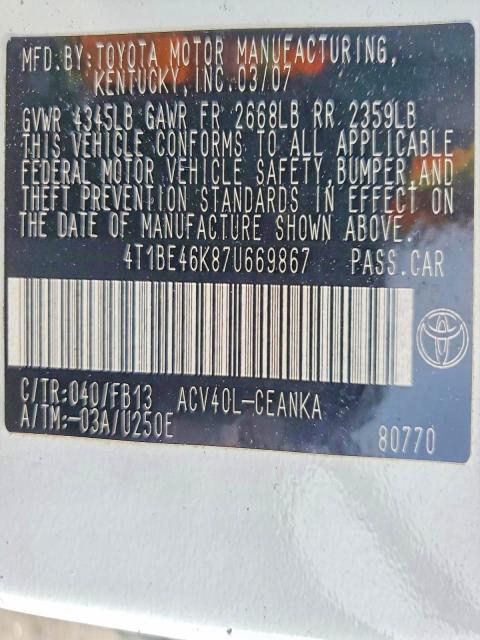 Продажа на аукционе авто 2007 Toyota Camry, vin: 4T1BE46K87U669867, номер лота: 57114386