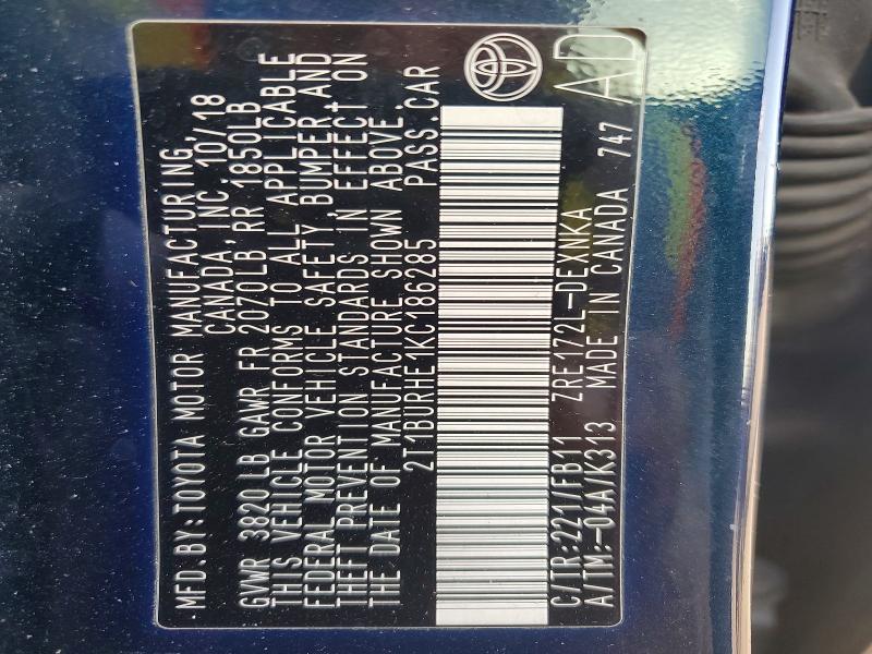 2019 Toyota Corolla მანქანა იყიდება აუქციონზე, vin: 2T1BURHE1KC186285, აუქციონის ნომერი: 56588076