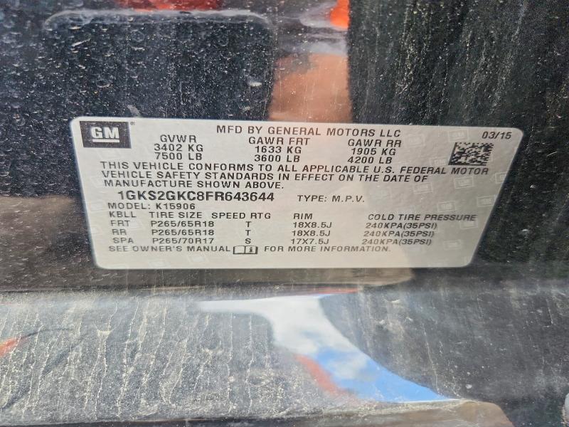 57889606 :رقم المزاد ، 1GKS2GKC8FR643644 vin ، 2015 Gmc Yukon Xl مزاد بيع
