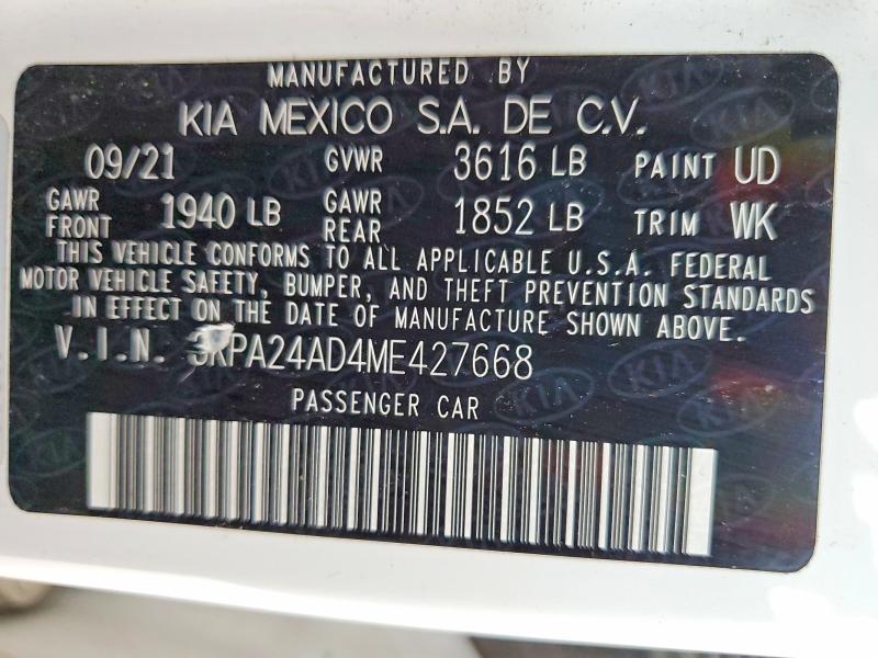 58151276 :رقم المزاد ، 3KPA24AD4ME427668 vin ، 2021 Kia Rio مزاد بيع