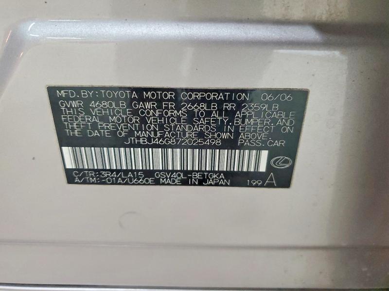 Продаж на аукціоні авто 2007 Lexus Es, vin: JTHBJ46G872025498, номер лоту: 58414426
