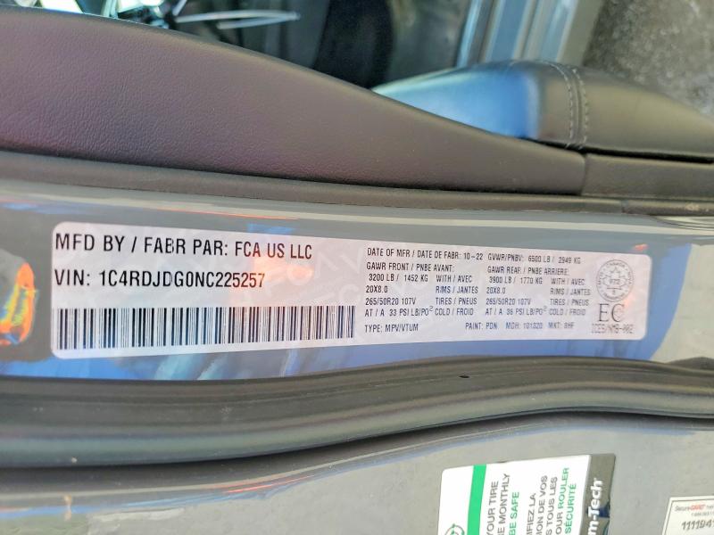 Продажа на аукционе авто 2022 Dodge Durango, vin: 1C4RDJDG0NC225257, номер лота: 57996326