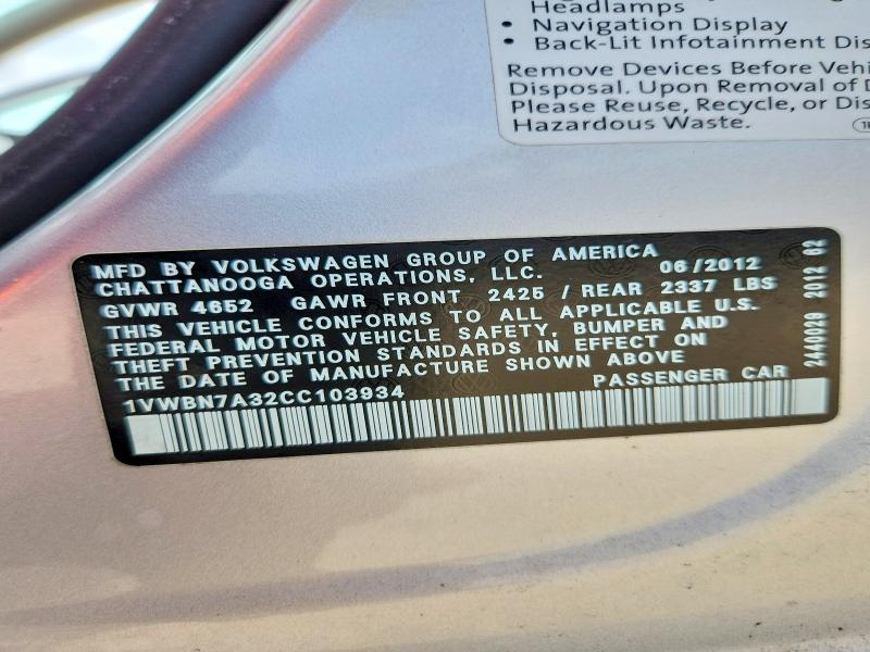 58736536 :رقم المزاد ، 1VWBN7A32CC103934 vin ، 2012 Volkswagen Passat مزاد بيع