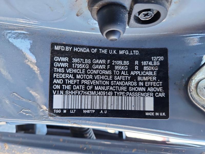 Aukcja sprzedaży 2021 Honda Civic, vin: SHHFK7H43MU409149, numer aukcji: 56695356