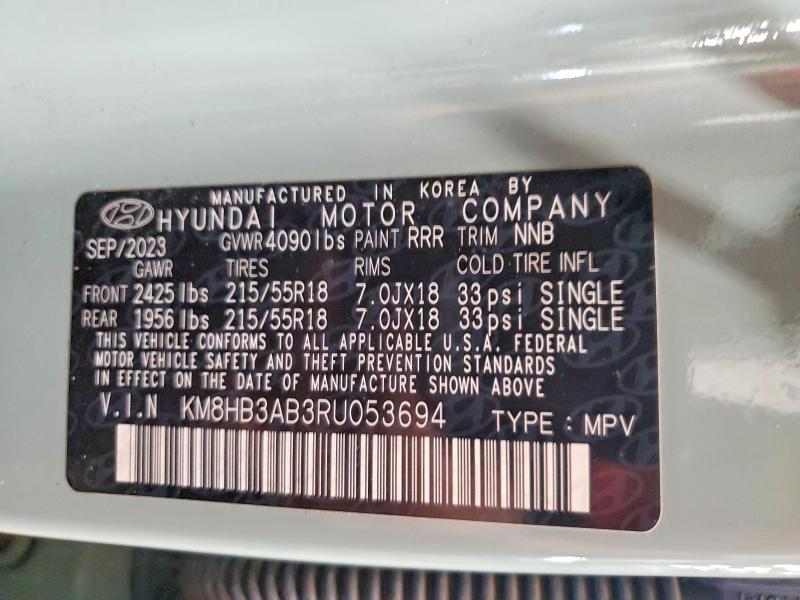 2024 Hyundai Kona მანქანა იყიდება აუქციონზე, vin: KM8HB3AB3RU053694, აუქციონის ნომერი: 58845176