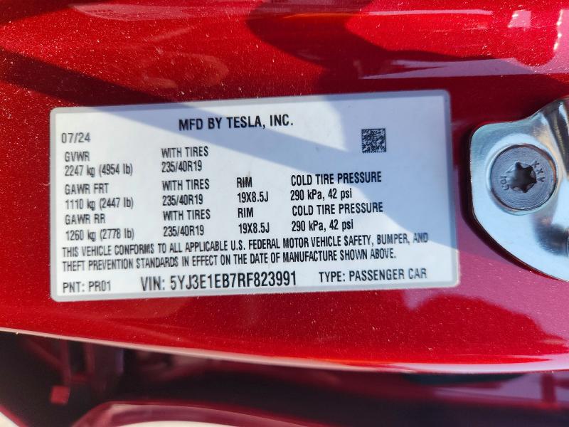 Продажа на аукционе авто 2024 Tesla Model 3, vin: 5YJ3E1EB7RF823991, номер лота: 58808866