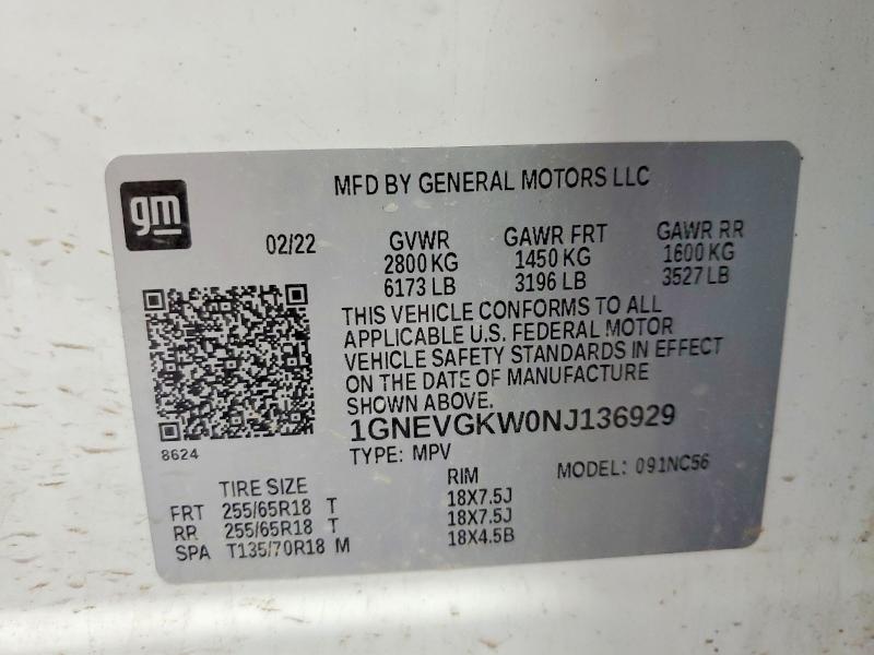 55063196 :رقم المزاد ، 1GNEVGKW0NJ136929 vin ، 2022 Chevrolet Traverse مزاد بيع