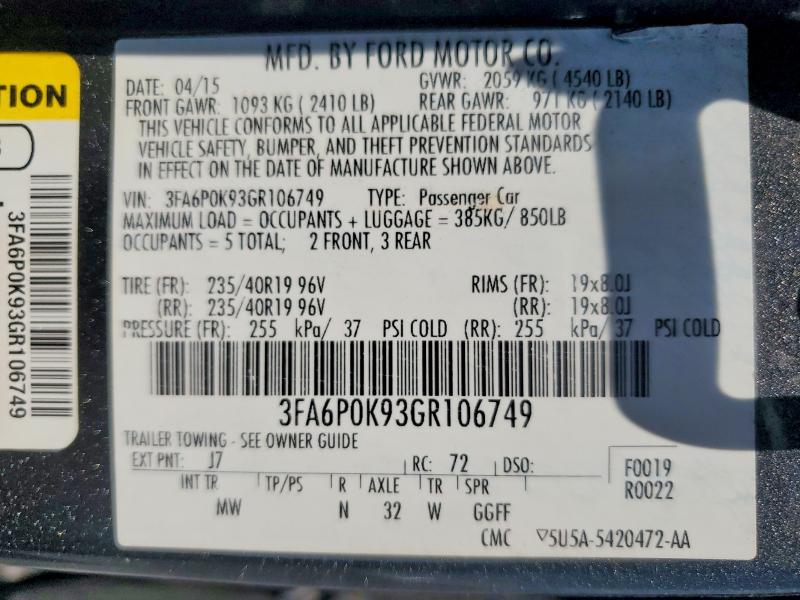 Продаж на аукціоні авто 2016 Ford Fusion, vin: 3FA6P0K93GR106749, номер лоту: 58153436