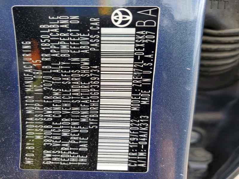 Продажа на аукционе авто 2016 Toyota Corolla, vin: 5YFBURHE0GP369734, номер лота: 57292276