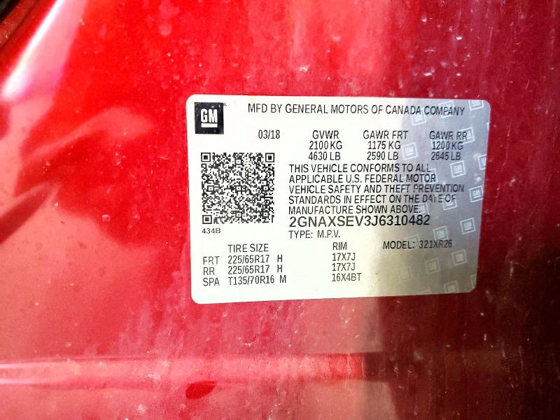2018 Chevrolet Equinox მანქანა იყიდება აუქციონზე, vin: 2GNAXSEV3J6310482, აუქციონის ნომერი: 58720206