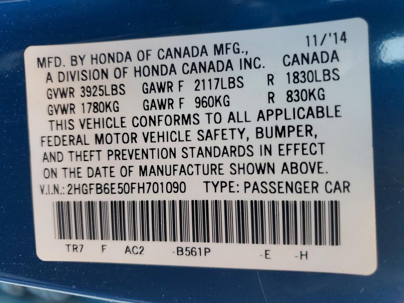 Auction sale of the 2015 Honda Civic, vin: 2HGFB6E50FH701090, lot number: 57438286