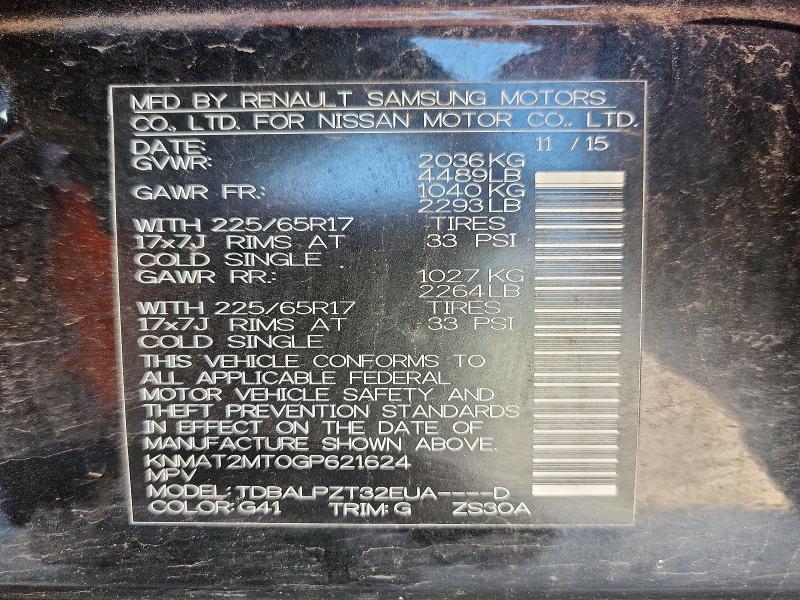 55473516 :رقم المزاد ، KNMAT2MT0GP621624 vin ، 2016 Nissan Rogue مزاد بيع