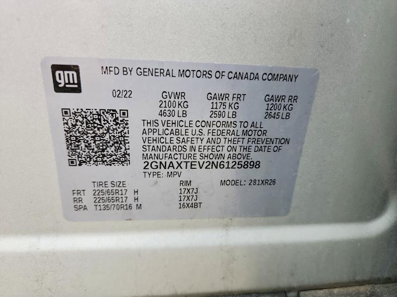 Продажа на аукционе авто 2022 Chevrolet Equinox, vin: 2GNAXTEV2N6125898, номер лота: 53539576