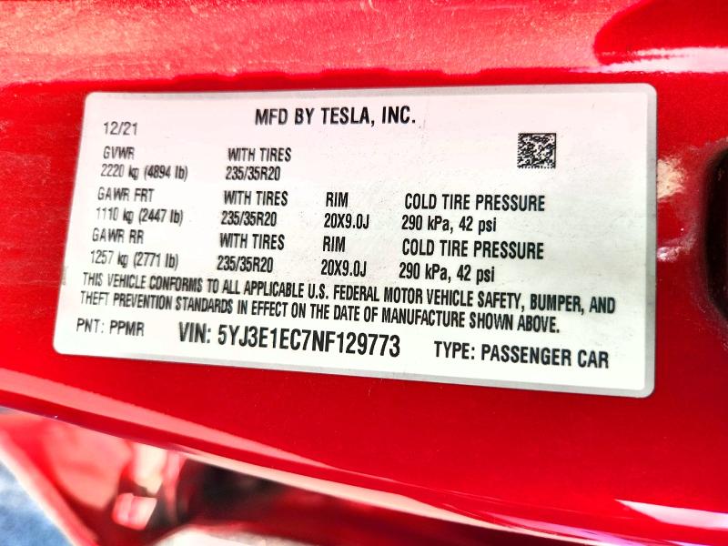 Продаж на аукціоні авто 2022 Tesla Model 3, vin: 5YJ3E1EC7NF129773, номер лоту: 58787696