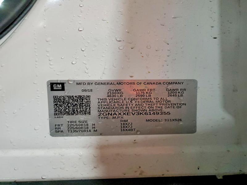 Продажа на аукционе авто 2019 Chevrolet Equinox, vin: 2GNAXXEV3K6149355, номер лота: 58084076