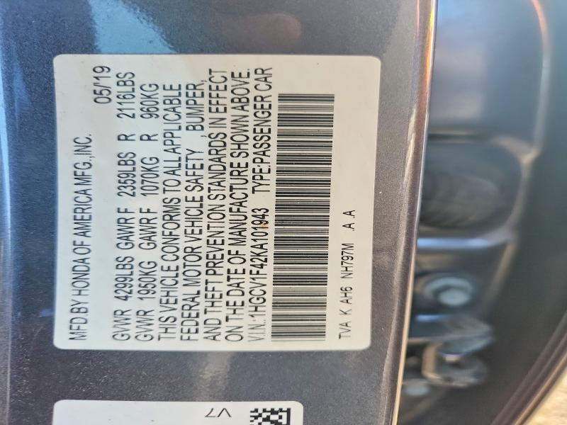 58712386 :رقم المزاد ، 1HGCV1F42KA101943 vin ، 2019 Honda Accord مزاد بيع