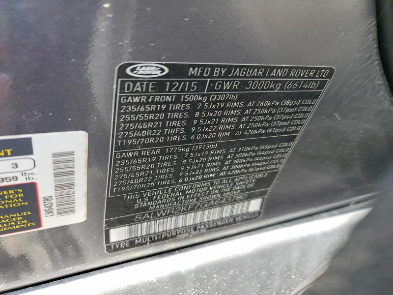 58720796 :رقم المزاد ، SALWR2KF7GA643780 vin ، 2016 Land Rover Range Rover Sport مزاد بيع