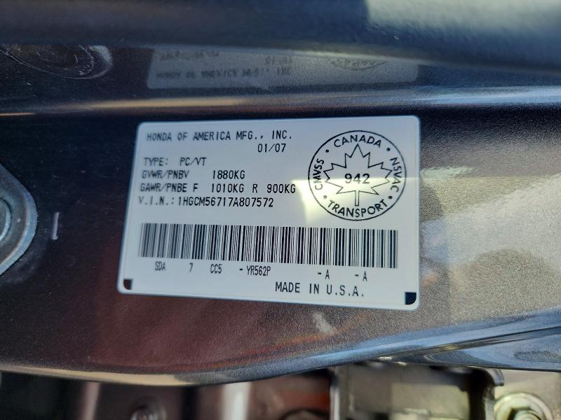 Aukcja sprzedaży 2007 Honda Accord, vin: 1HGCM56717A807572, numer aukcji: 56981926