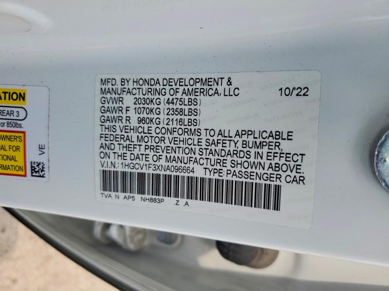 Продажа на аукционе авто 2022 Honda Accord, vin: 1HGCV1F3XNA096664, номер лота: 58021096