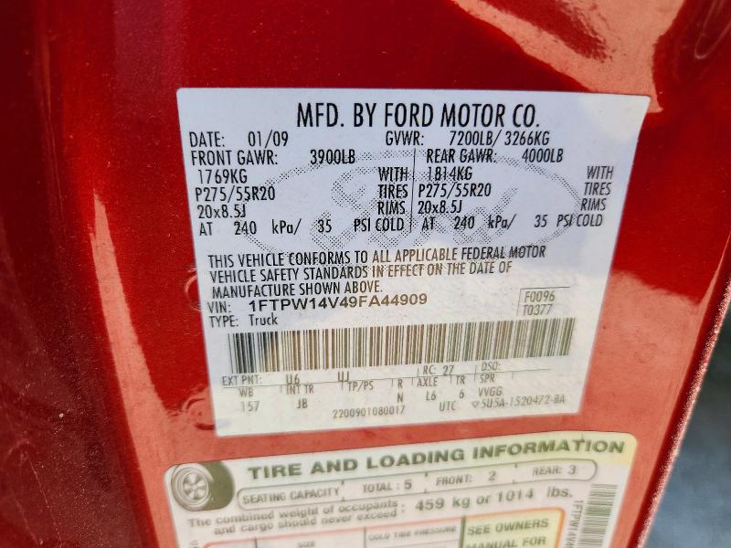 53764546 :رقم المزاد ، 1FTPW14V49FA44909 vin ، 2009 Ford F150 مزاد بيع