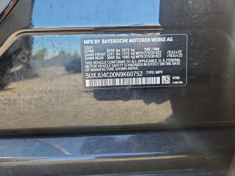 2022 Bmw X5 მანქანა იყიდება აუქციონზე, vin: 5UXJU4C00N9K60752, აუქციონის ნომერი: 56590266