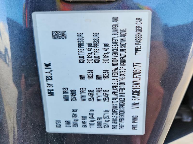 56712696 :رقم المزاد ، 5YJ3E1EA7LF705177 vin ، 2020 Tesla Model 3 مزاد بيع
