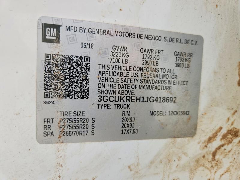 Продаж на аукціоні авто 2018 Chevrolet Silverado, vin: 3GCUKREH1JG418692, номер лоту: 58876566