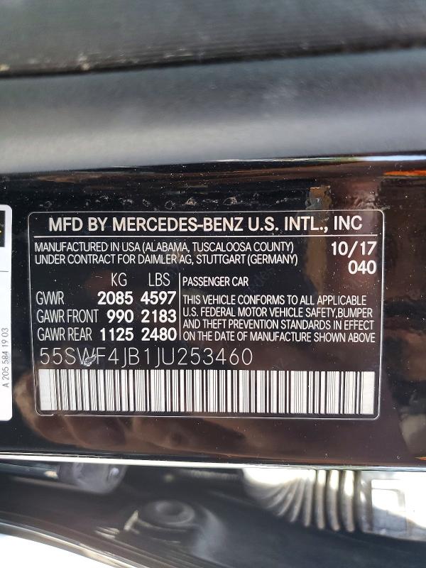 Продаж на аукціоні авто 2018 Mercedes-benz C, vin: 55SWF4JB1JU253460, номер лоту: 55764676