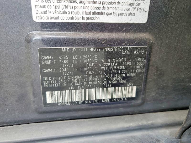 58837896 :رقم المزاد ، 4S4BRBAC4C3303168 vin ، 2012 Subaru Outback مزاد بيع